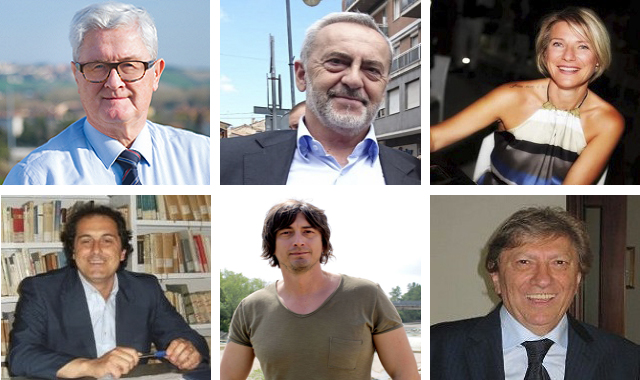 I candidati sindaco di Chiaravalle. Dall'alto a sinistra Bianchini, Bolletta, Ceccarelli. In basso a sinistra Costantini, Fiordelmondo, Morosini