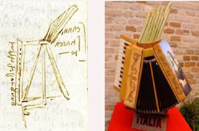 Il disegno di Leonardo da Vinci e la fisarmonica realizzata dagli alunni fidardensi