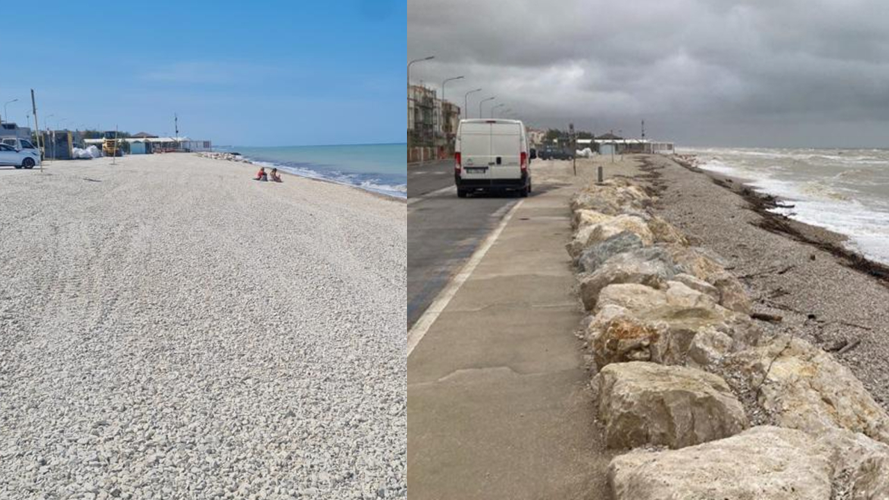 La spiaggia a Marina di Montemarciano dopo il ripascimento (a sinistra) e dopo il maltempo del 16 maggio 2023 (a destra)
